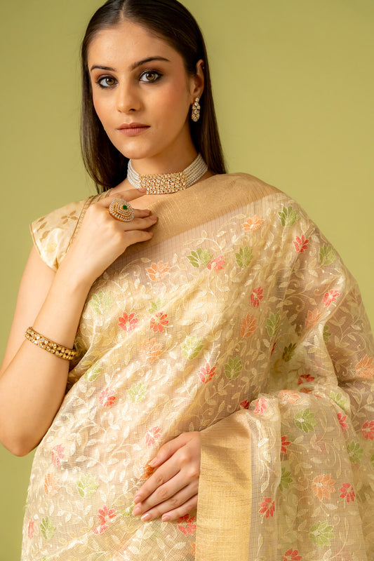 Tussar Banarasi Woven Zari & Threadwork Cotton Saree With Unstitched Blouse