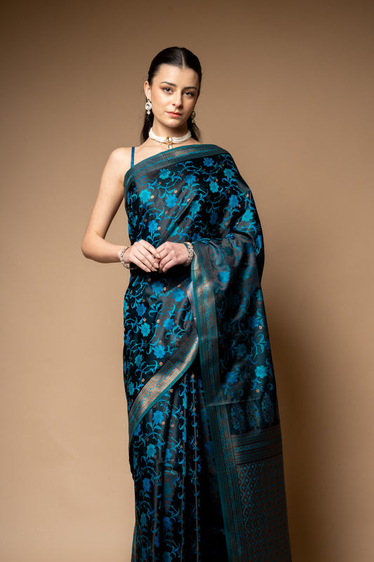 Black Blue Woven Zari Banarasi Silk Saree With Unstitched Blouse