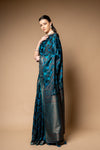 Black Blue Woven Zari Banarasi Silk Saree With Unstitched Blouse