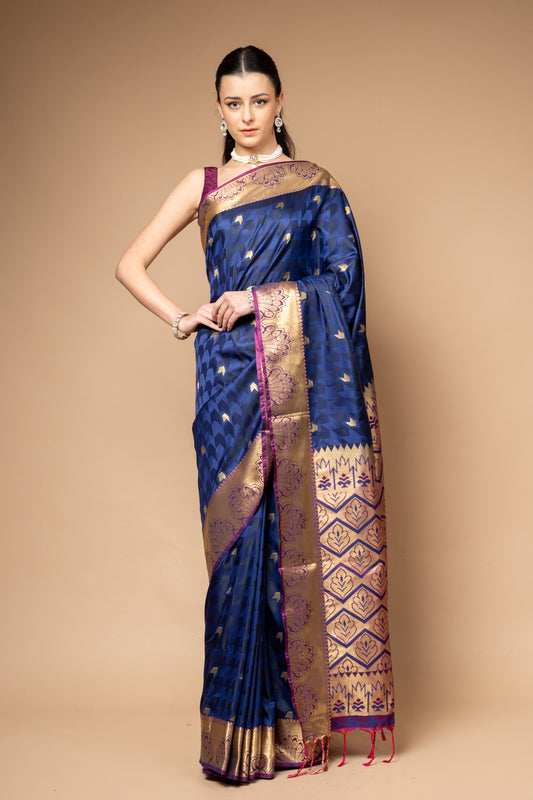 Midnight Blue Tussar Woven Zari Banarasi Silk Saree With Unstitched Blouse