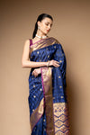 Midnight Blue Tussar Woven Zari Banarasi Silk Saree With Unstitched Blouse