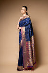 Midnight Blue Tussar Woven Zari Banarasi Silk Saree With Unstitched Blouse