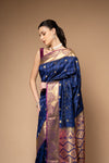 Midnight Blue Tussar Woven Zari Banarasi Silk Saree With Unstitched Blouse