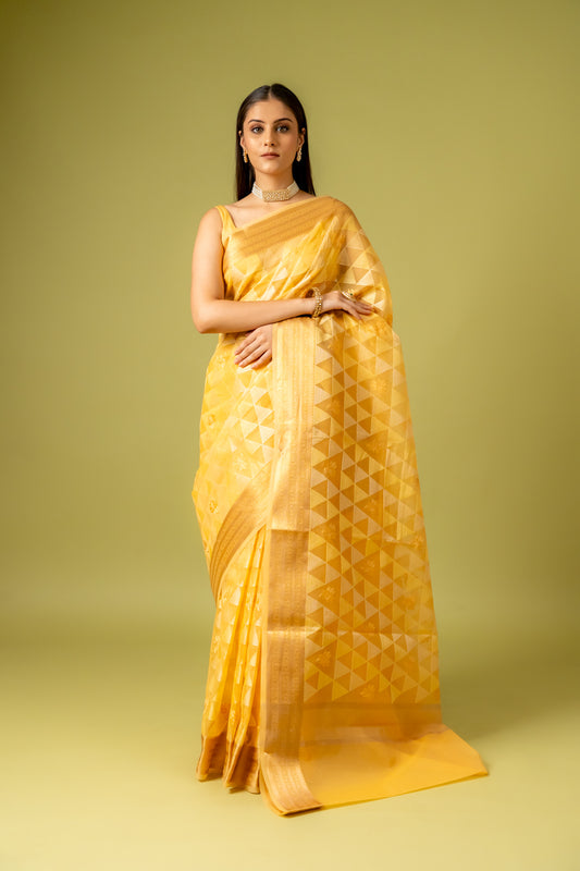 Mango Gold Banarasi Woven Zari & Threadwork Cotton Saree With Unstitched Blouse