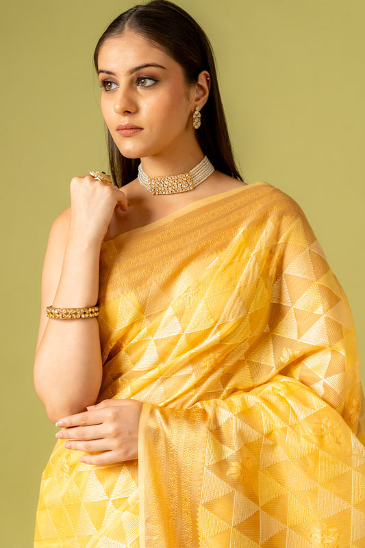 Mango Gold Banarasi Woven Zari & Threadwork Cotton Saree With Unstitched Blouse