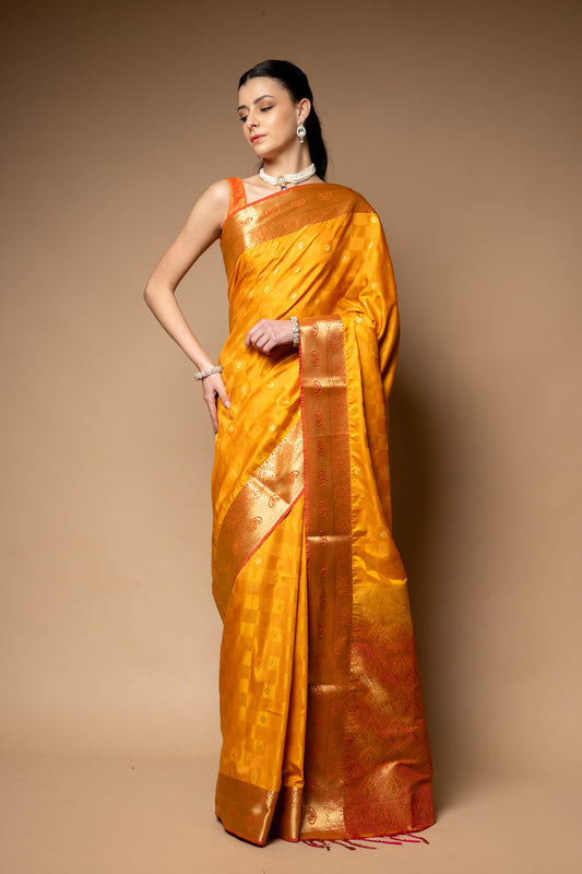 Mango Gold Woven Zari Banarasi  Silk Saree With Unstitched Blouse