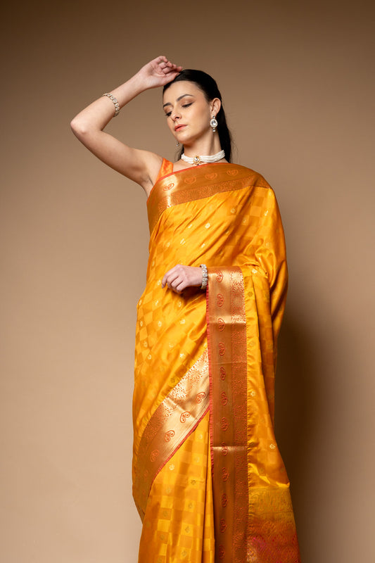 Mango Gold Woven Zari Banarasi  Silk Saree With Unstitched Blouse