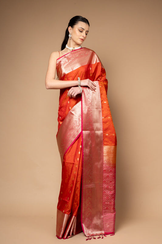 Rust Woven Zari Banarasi Silk Saree With Unstitched Blouse