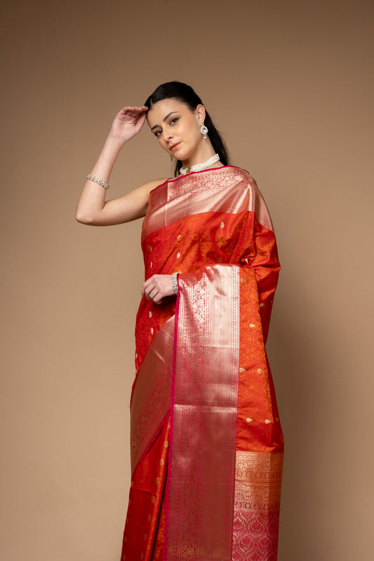 Rust Woven Zari Banarasi Silk Saree With Unstitched Blouse