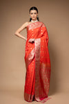 Coral Woven Zari Banarasi Silk Saree With Unstitched Blouse