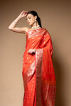 Coral Woven Zari Banarasi Silk Saree With Unstitched Blouse