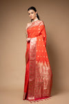 Coral Woven Zari Banarasi Silk Saree With Unstitched Blouse