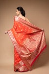 Coral Woven Zari Banarasi Silk Saree With Unstitched Blouse