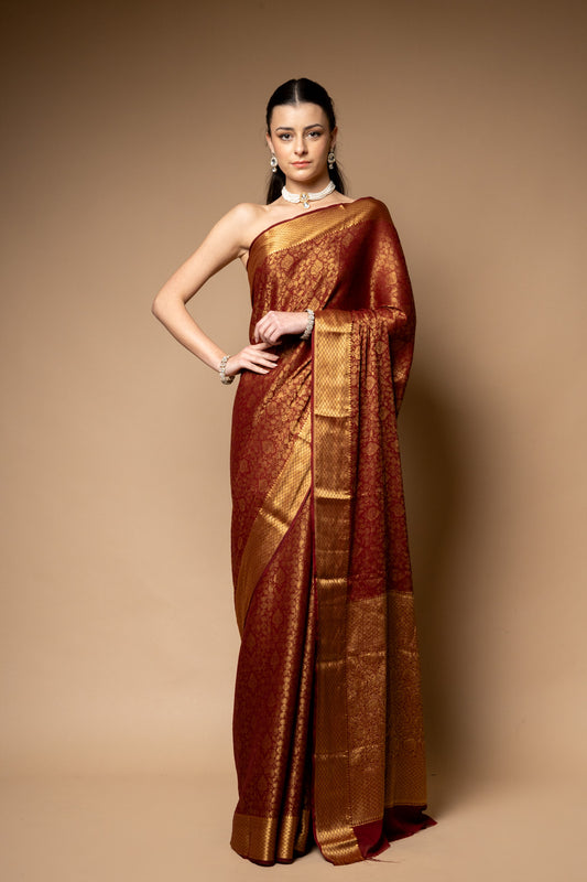 Garnet Woven Zari Banarasi Silk Saree With Unstitched Blouse