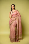 Pink Banarasi Woven Zari & Digital Printed Cotton Saree With Unstitched Blouse