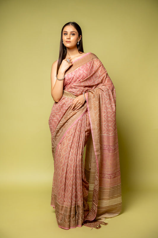 Pink Banarasi Woven Zari & Digital Printed Cotton Saree With Unstitched Blouse