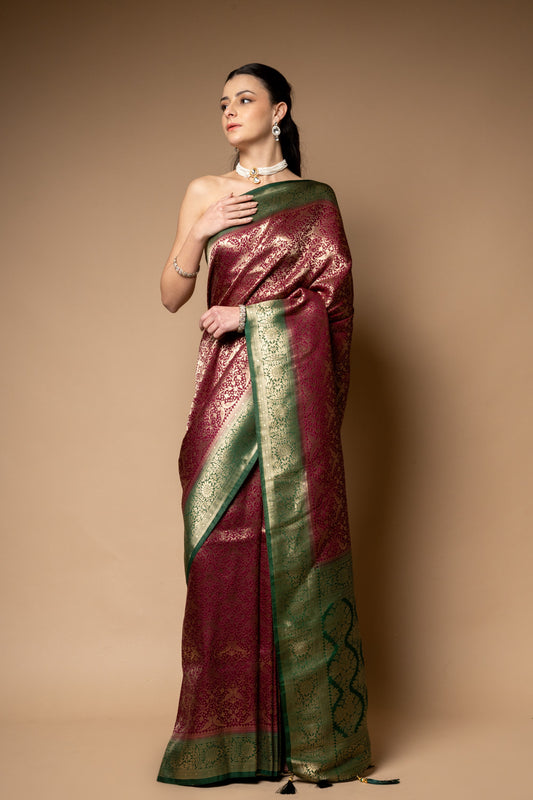 Garnet Woven Zari Banarasi Silk Saree With Unstitched Blouse