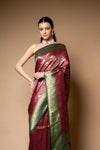 Garnet Woven Zari Banarasi Silk Saree With Unstitched Blouse