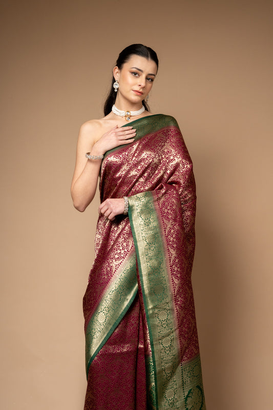 Garnet Woven Zari Banarasi Silk Saree With Unstitched Blouse