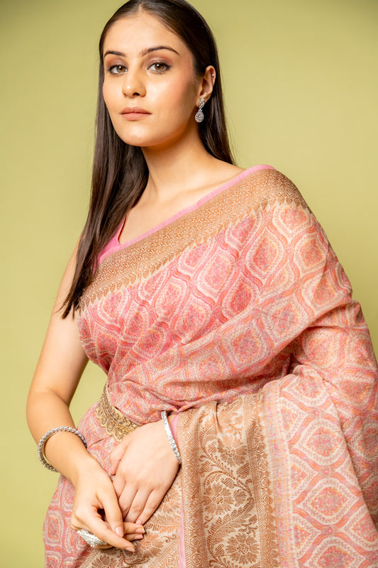 Pink Banarasi Woven Zari & Digital Printed Cotton Saree With Unstitched Blouse