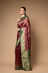 Garnet Woven Zari Banarasi Silk Saree With Unstitched Blouse