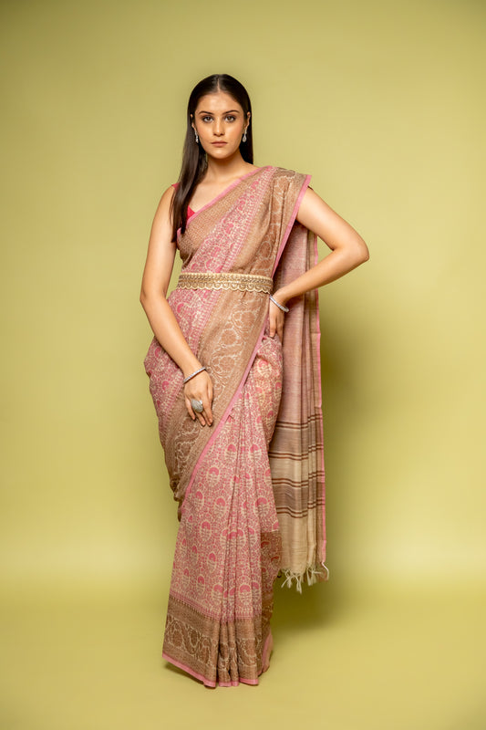 Pink Banarasi Woven Zari & Digital Printed Cotton Saree With Unstitched Blouse