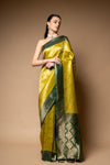 Pista Woven Zari Banarasi Silk Saree With Unstitched Blouse