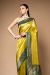 Pista Woven Zari Banarasi Silk Saree With Unstitched Blouse