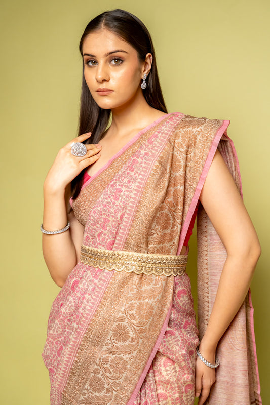 Pink Banarasi Woven Zari & Digital Printed Cotton Saree With Unstitched Blouse