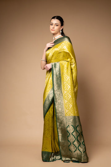 Pista Woven Zari Banarasi Silk Saree With Unstitched Blouse