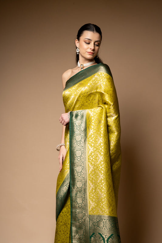 Pista Woven Zari Banarasi Silk Saree With Unstitched Blouse