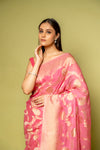 Pink Banarasi Woven Zari Khaddi Georgette Saree With Unstitched Blouse