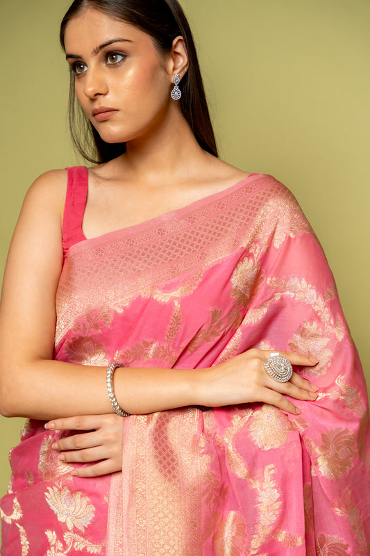 Pink Banarasi Woven Zari Khaddi Georgette Saree With Unstitched Blouse