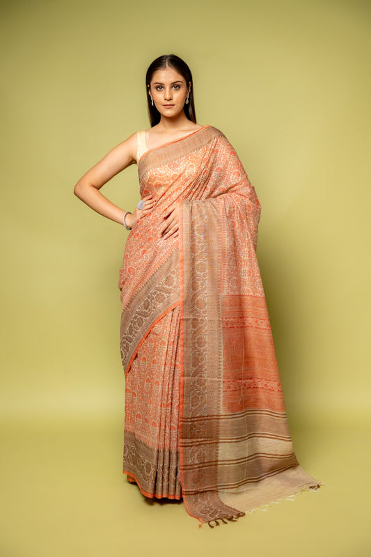 Peach Banarasi Woven Zari & Digital Printed Cotton Saree With Unstitched Blouse