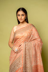 Peach Banarasi Woven Zari & Digital Printed Cotton Saree With Unstitched Blouse
