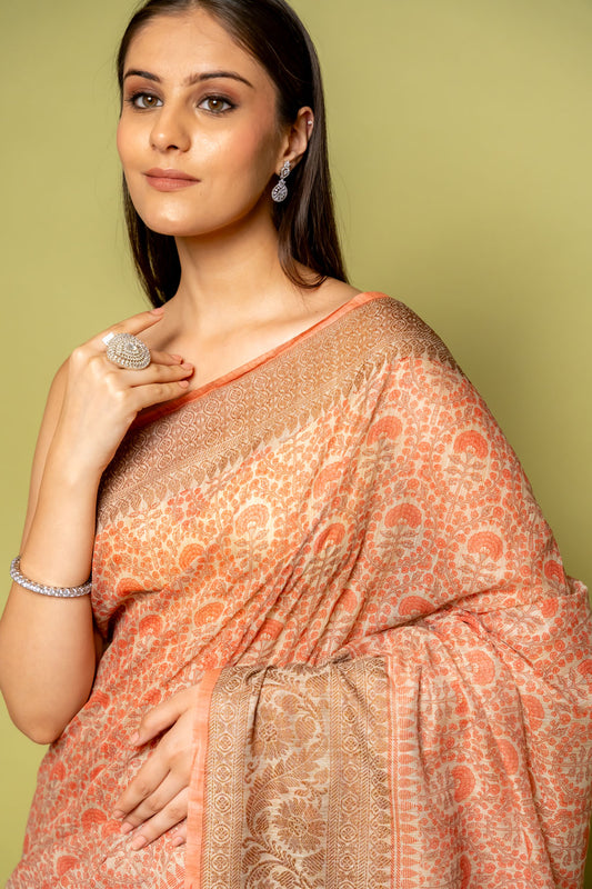 Peach Banarasi Woven Zari & Digital Printed Cotton Saree With Unstitched Blouse
