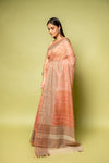 Peach Banarasi Woven Zari & Digital Printed Cotton Saree With Unstitched Blouse