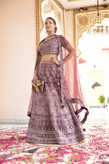 Wine Net Lehenga Set With Readymade Blouse