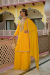 Mango Gold Georgette Readymade Sharara Set With Chinon Crepe Dupatta (Ft:-Gurleen Gambhir & Kamya Punjabi)