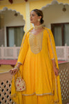 Mango Gold Georgette Readymade Sharara Set With Chinon Crepe Dupatta (Ft:-Gurleen Gambhir & Kamya Punjabi)