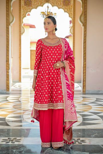 Red Georgette Readymade Sharara Set With Georgette Dupatta