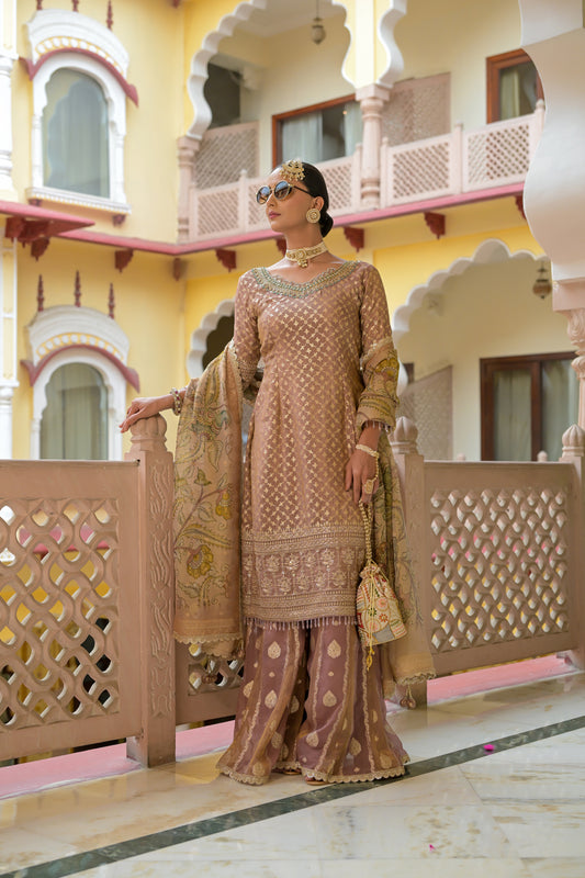 Onion Organza Tissue Readymade Sharara Set With Silk Dupatta