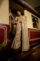 Tussar South Indian Silk Embroidered Saree With Unstitched Blouse