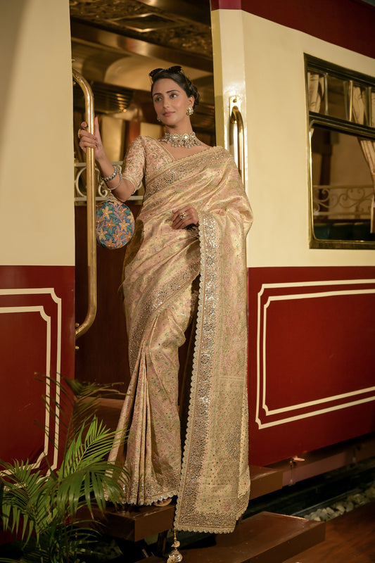 Tussar South Indian Silk Embroidered Saree With Unstitched Blouse