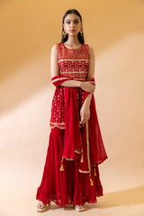 Red Georgette Short Top Sharara Set With Georgette Dupatta