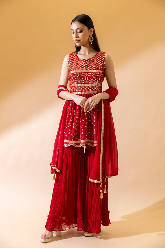 Red Georgette Readymade Sharara Set With Georgette Dupatta