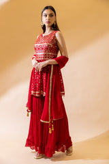 Red Georgette Short Top Sharara Set With Georgette Dupatta