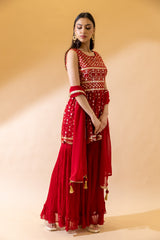 Red Georgette Short Top Sharara Set With Georgette Dupatta