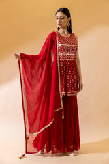 Red Georgette Short Top Sharara Set With Georgette Dupatta