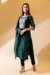 Bottle Green Chanderi Cotton Readymade Suit And Pant With Cotton Dupatta